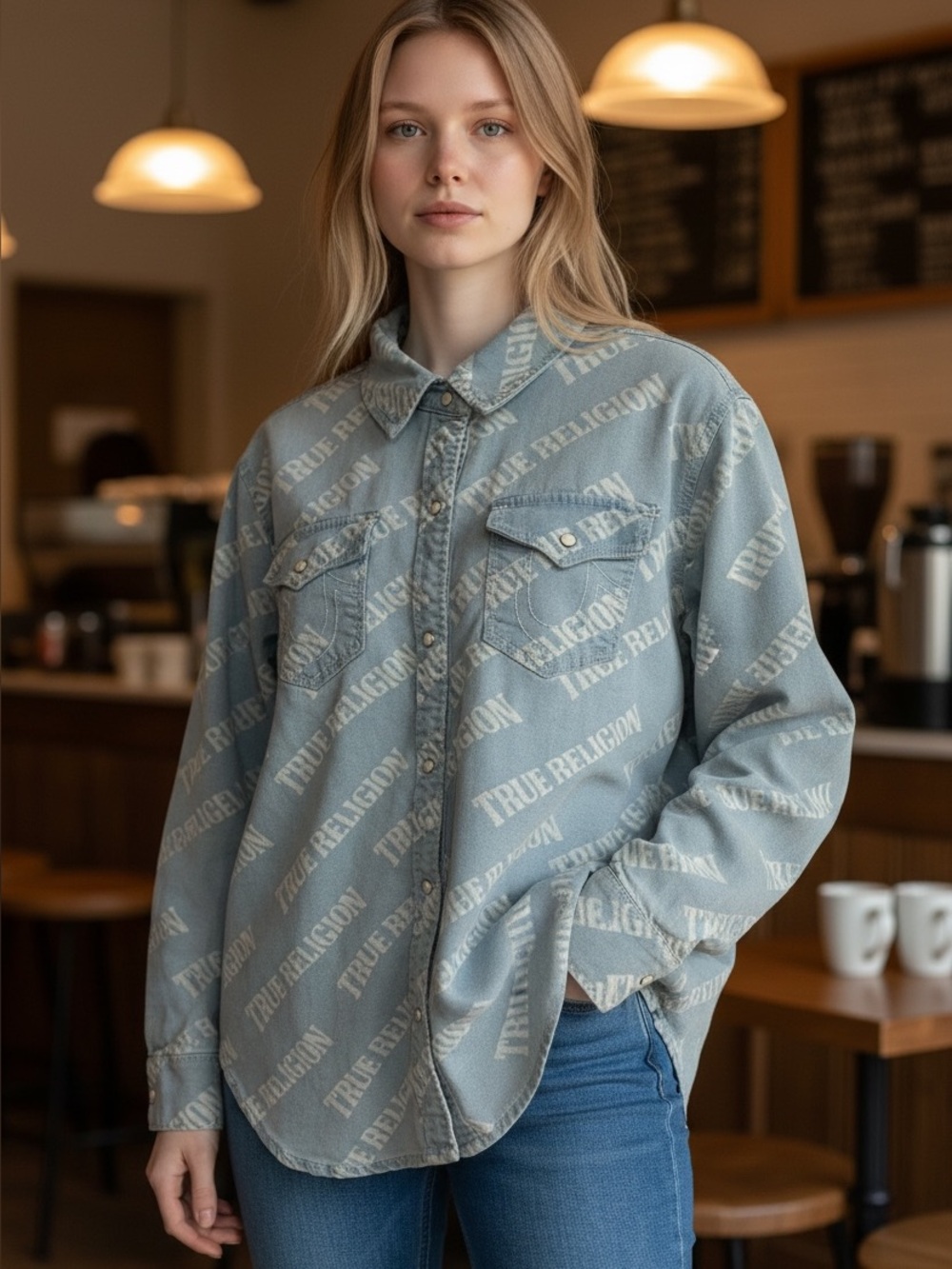 True Religion Light Blue Allover Logo Denim Button-Up Shirt